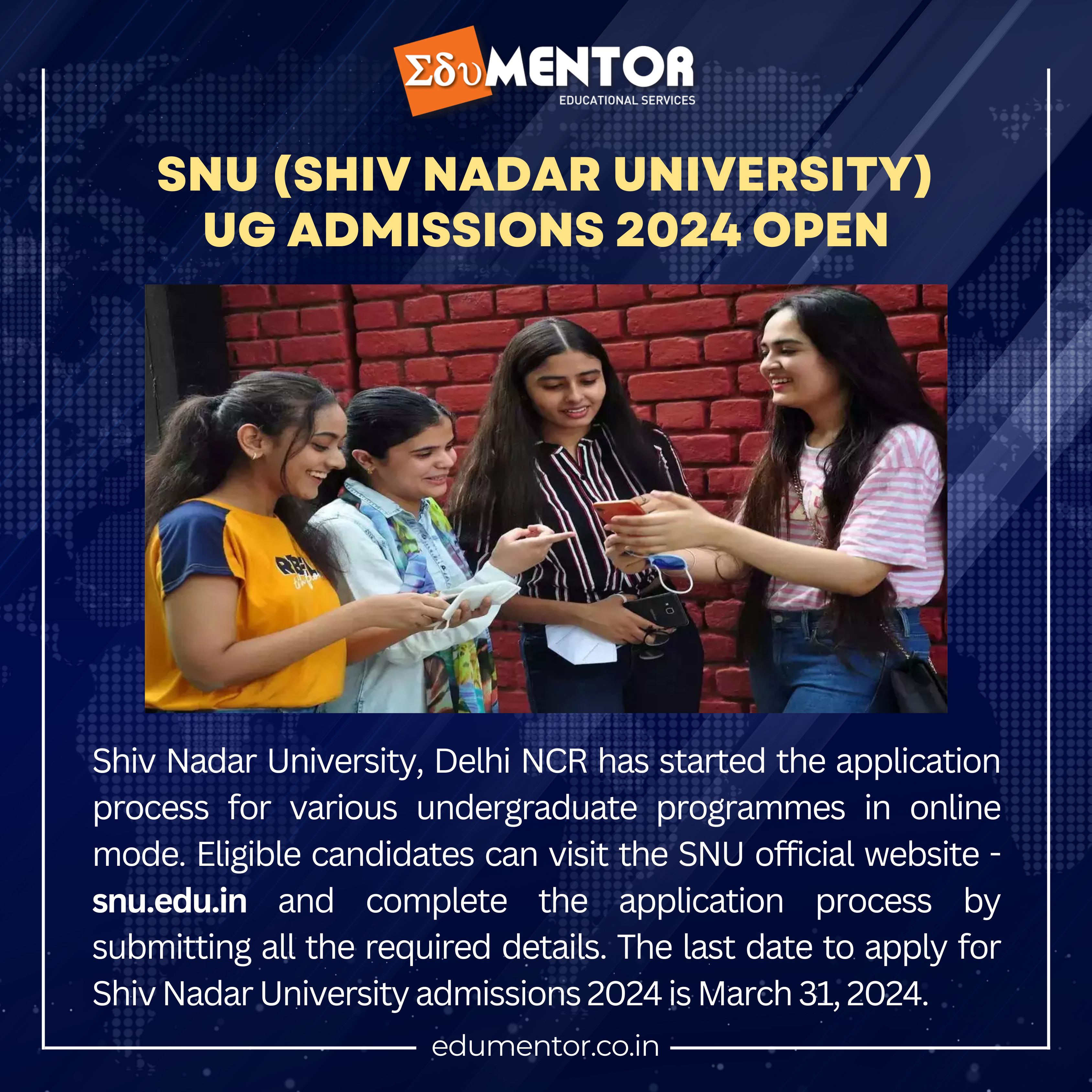 Admissions for undergraduate programs at Shiv Nadar University (SNU) are now open for the year 2024.