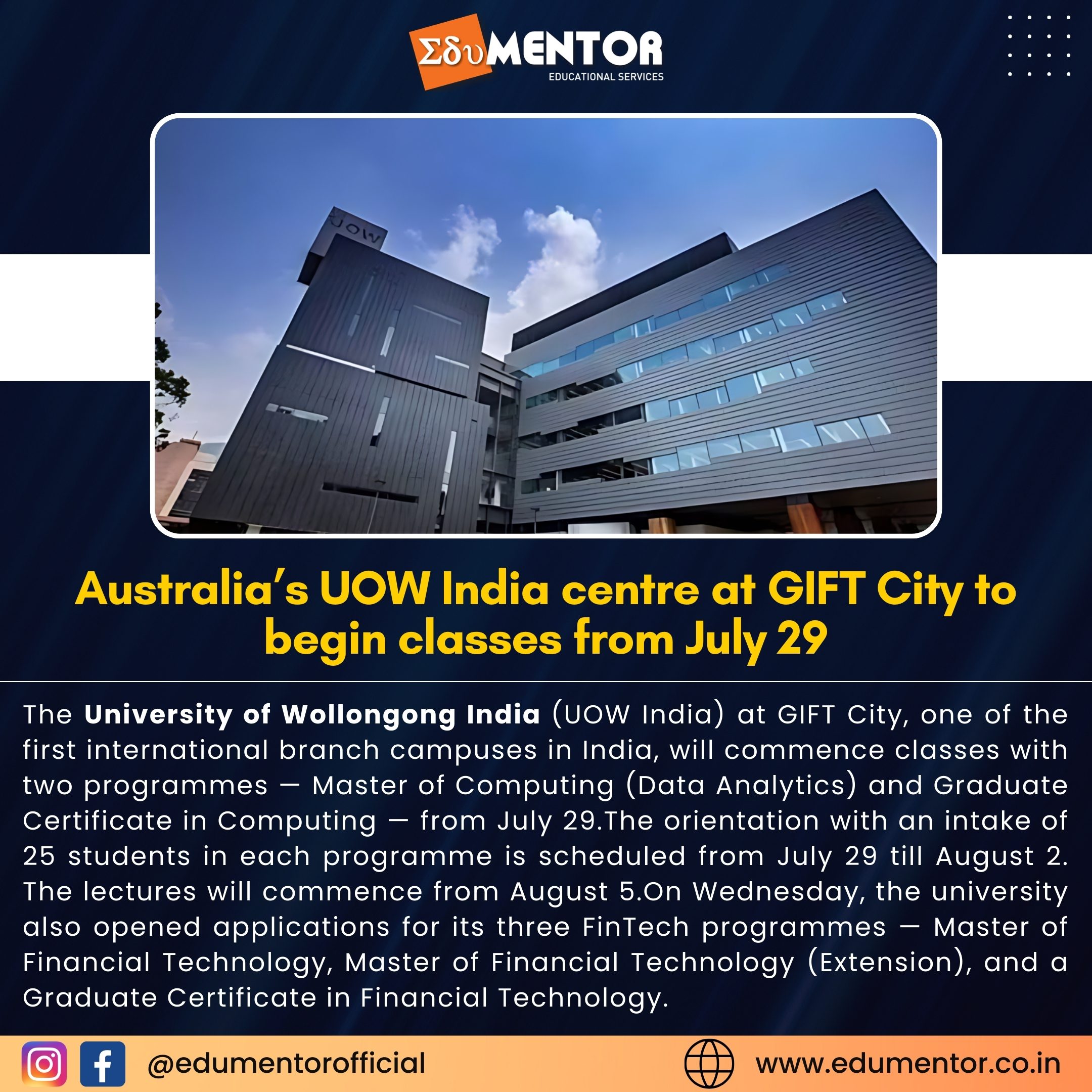 Australia’s UOW India centre at GIFT City to begin classes from July 29
